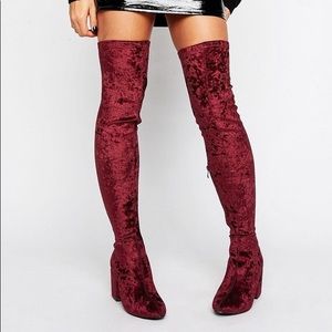 Brand new burgundy velvet thigh high boots